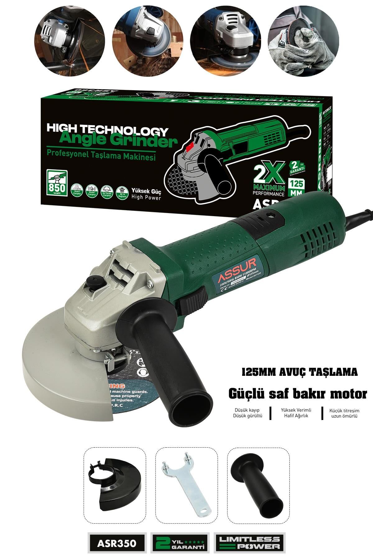 Assur 850W Avuç Taşlama Makinesi 125mm Bakır Sargılı Spiral