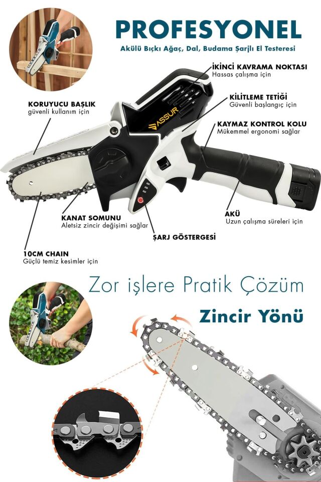 Assur 18V Çift Akülü Bıçkı Testere Dal Budama Makinesi Çantalı