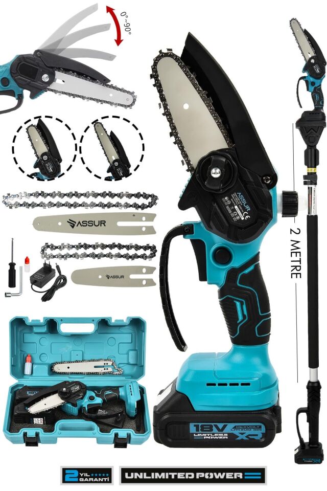 Assur 18V Çift Akülü Ağaç Dal Kesme Budama Testeresi & Teleskopik Kollu