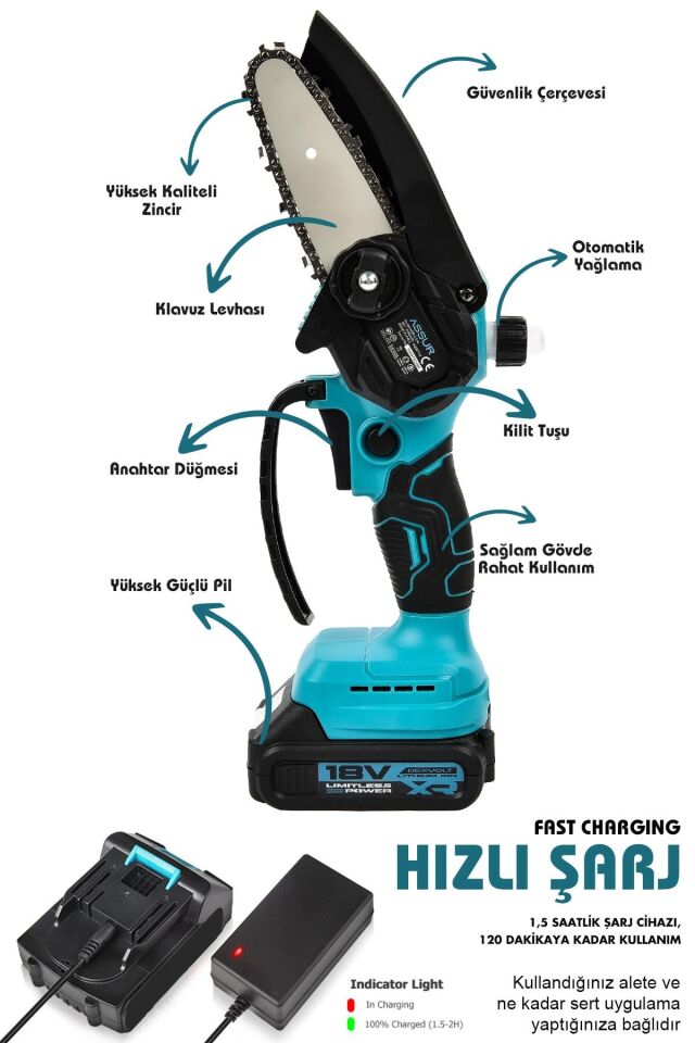 Assur 18V Çift Akülü Ağaç Dal Kesme Budama Testeresi & Teleskopik Kollu