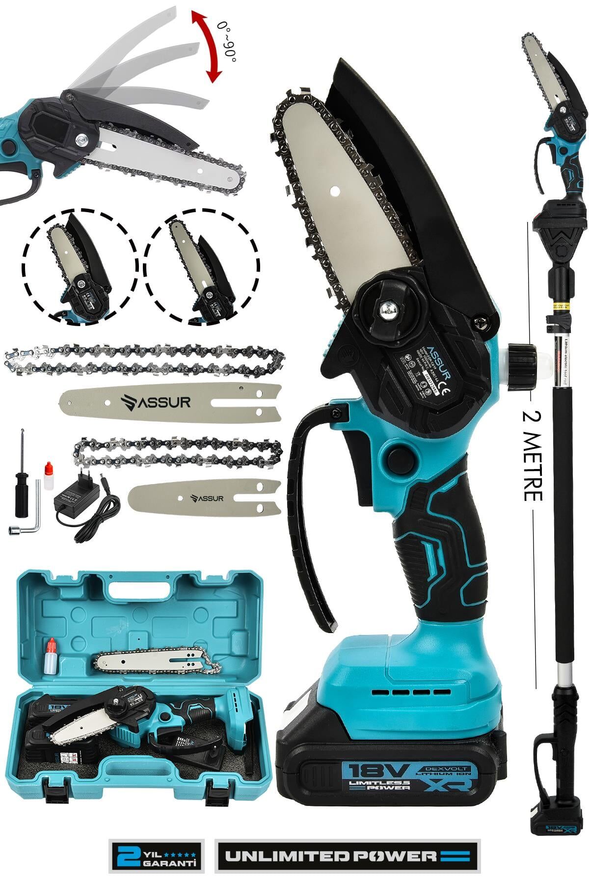 Assur 18V Çift Akülü Ağaç Dal Kesme Budama Testeresi & Teleskopik Kollu