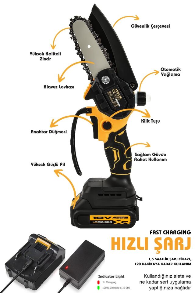 Assur 18V Çift Akülü Ağaç Dal Kesme Budama Testeresi & Teleskopik Kollu