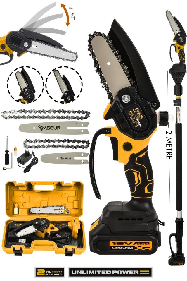 Assur 18V Çift Akülü Ağaç Dal Kesme Budama Testeresi & Teleskopik Kollu