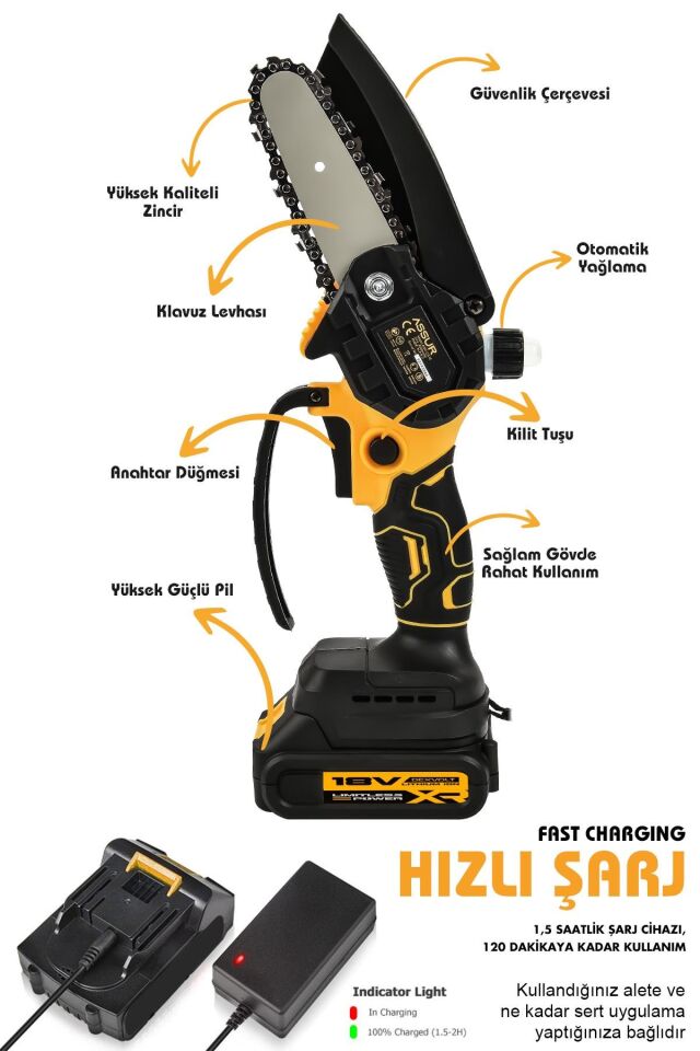 Assur 18V Çift Akülü Ağaç Dal Kesme Budama Testeresi & Teleskopik Kollu