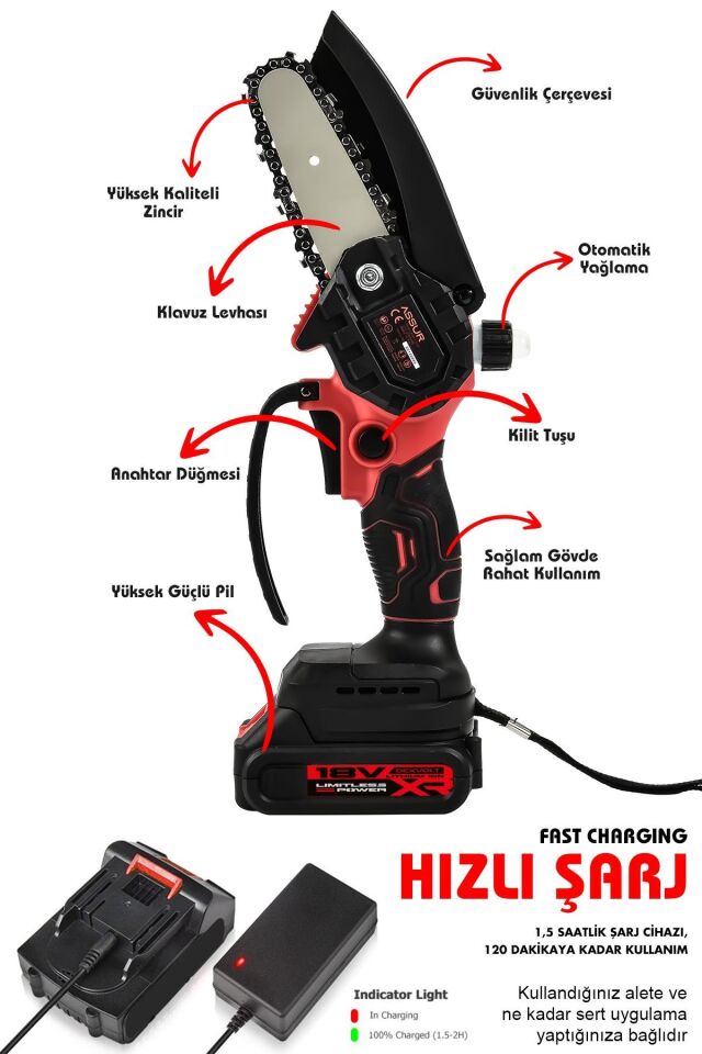 Assur 18V Çift Akülü Ağaç Dal Kesme Budama Testeresi & Teleskopik Kollu