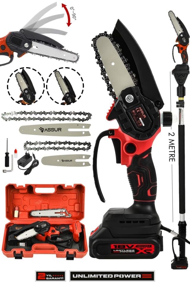 Assur 18V Çift Akülü Ağaç Dal Kesme Budama Testeresi & Teleskopik Kollu