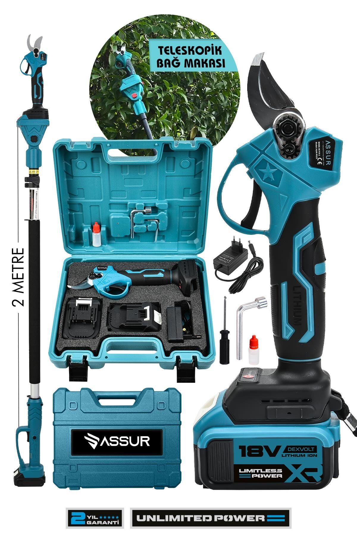 Assur 18V Çift Akülü Budama Makası & Teleskopik Kollu