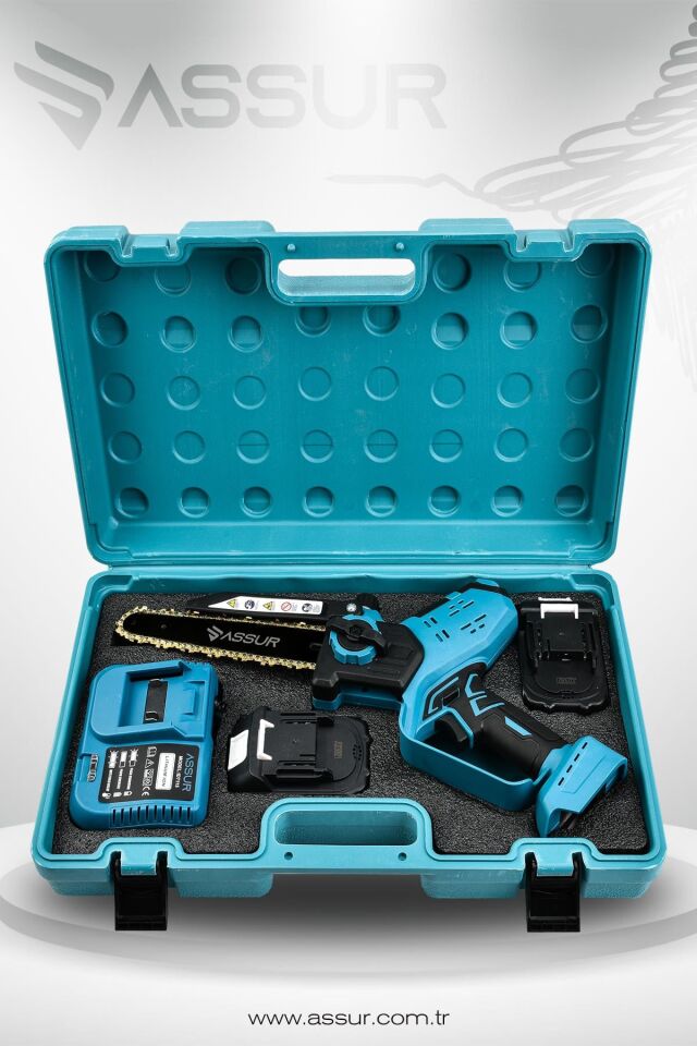 Assur 21V Çift Akü Otomatik Yağlamalı El Testeresi Ağaç Odun Dal Kesme Budama Dijital Gösterge