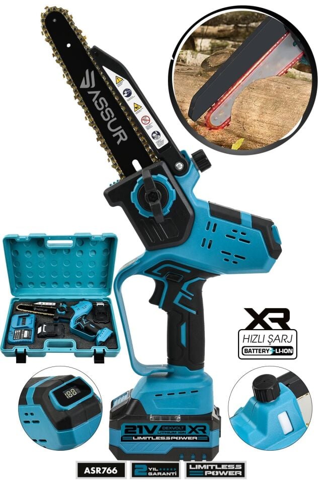 Assur 21V Çift Akü Otomatik Yağlamalı El Testeresi Ağaç Odun Dal Kesme Budama Dijital Gösterge