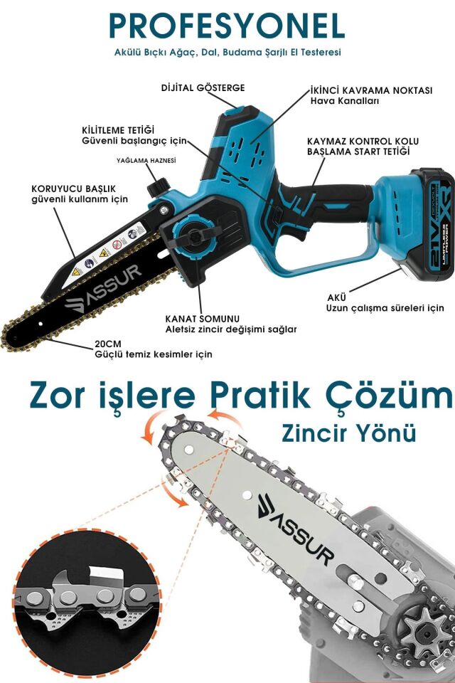 Assur 21V Çift Akü Otomatik Yağlamalı El Testeresi Ağaç Odun Dal Kesme Budama Dijital Gösterge