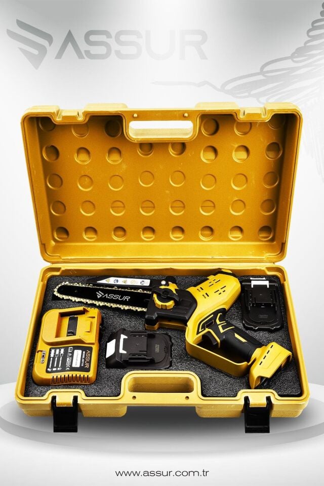 Assur 21V Çift Akü Otomatik Yağlamalı El Testeresi Ağaç Odun Dal Kesme Budama Dijital Gösterge