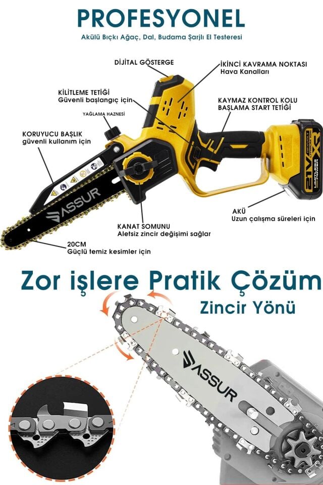 Assur 21V Çift Akü Otomatik Yağlamalı El Testeresi Ağaç Odun Dal Kesme Budama Dijital Gösterge