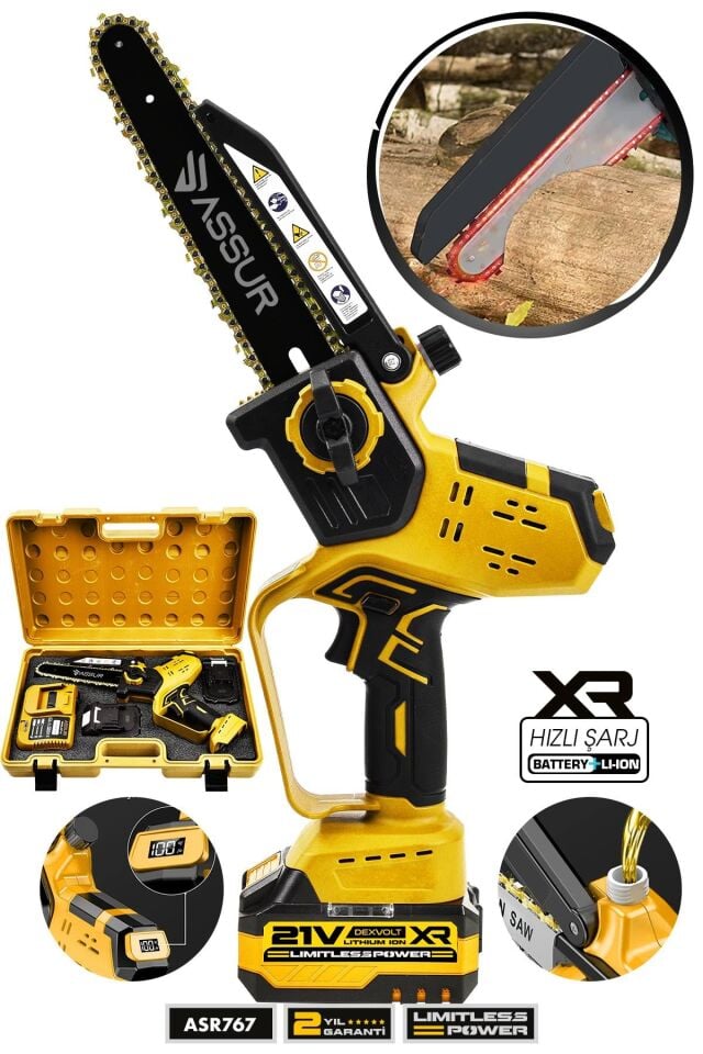 Assur 21V Çift Akü Otomatik Yağlamalı El Testeresi Ağaç Odun Dal Kesme Budama Dijital Gösterge