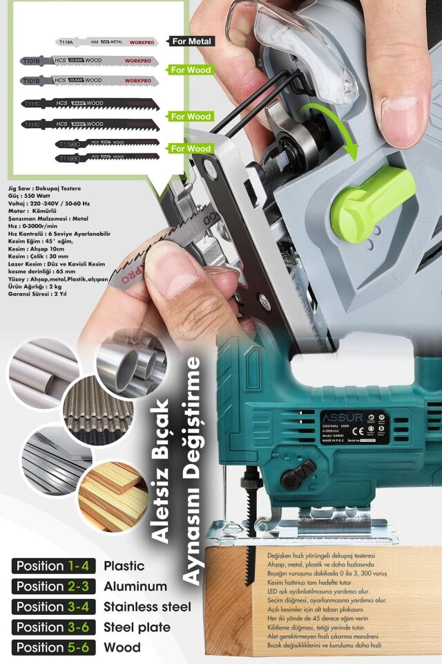 Assur Profesyonel 550W Devir Ayarlı Dekupaj Testere Makinesi