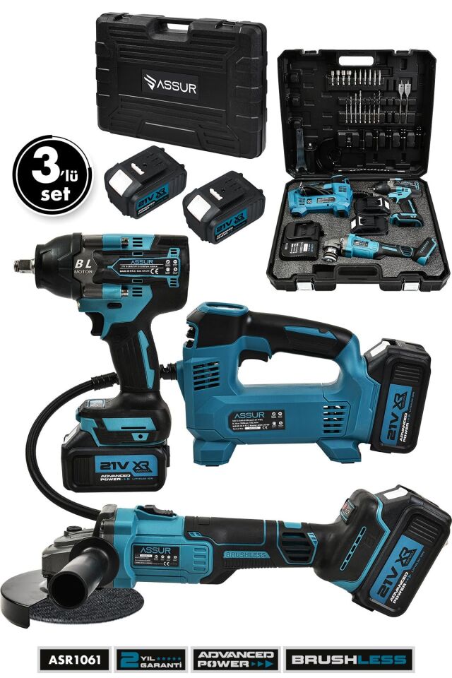 Assur 21V Çift Akü 800 Nm Somun Sıkma Sökme 125 Mm Taşlama Hava Pompası 3'lü Set