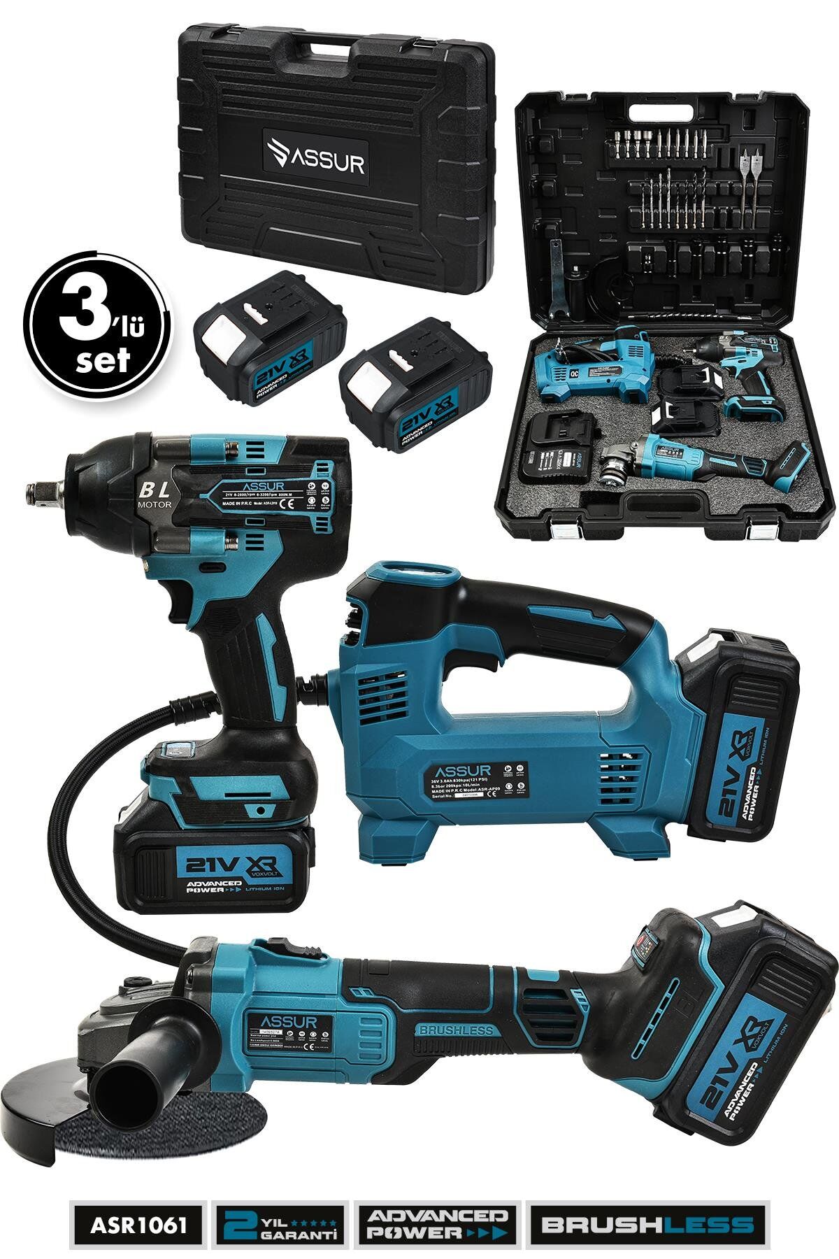 Assur 21V Çift Akü 800 Nm Somun Sıkma Sökme 125 Mm Taşlama Hava Pompası 3'lü Set