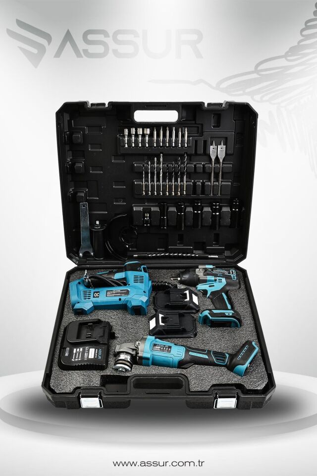 Assur 21V Çift Akü 800 Nm Somun Sıkma Sökme 125 Mm Taşlama Hava Pompası 3'lü Set