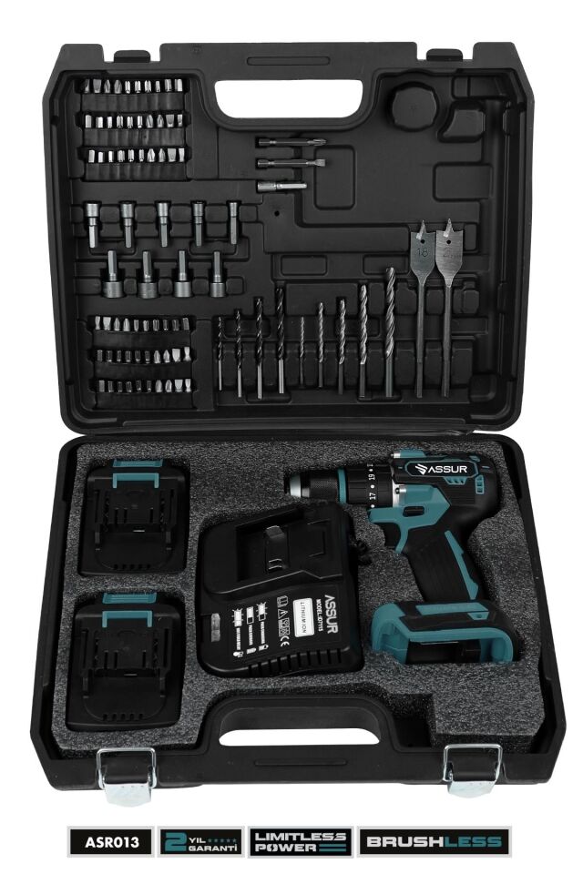 Assur Plus 21V Şarjlı Matkap Bakır Sargı Kömürsüz Motor Çelik Mandren Darbeli Akülü Vidalama