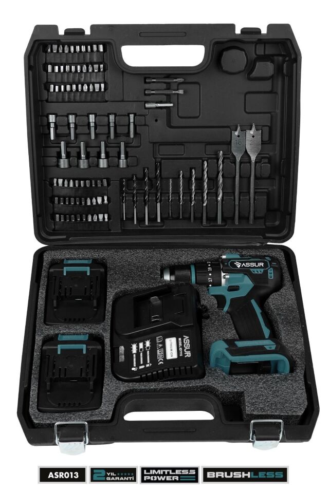 Assur Plus 21V Şarjlı Matkap Bakır Sargı Kömürsüz Motor Çelik Mandren Darbeli Akülü Vidalama