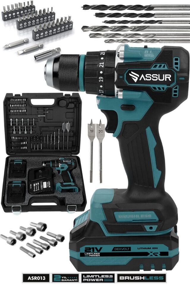 Assur Plus 21V Şarjlı Matkap Bakır Sargı Kömürsüz Motor Çelik Mandren Darbeli Akülü Vidalama