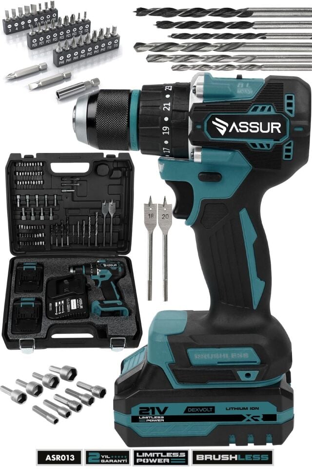 Assur Plus 21V Şarjlı Matkap Bakır Sargı Kömürsüz Motor Çelik Mandren Darbeli Akülü Vidalama