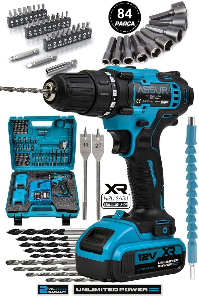 Assur Plus 12V Çift Akülü 84 Parça Şarjlı Matkap Akülü Vidalama