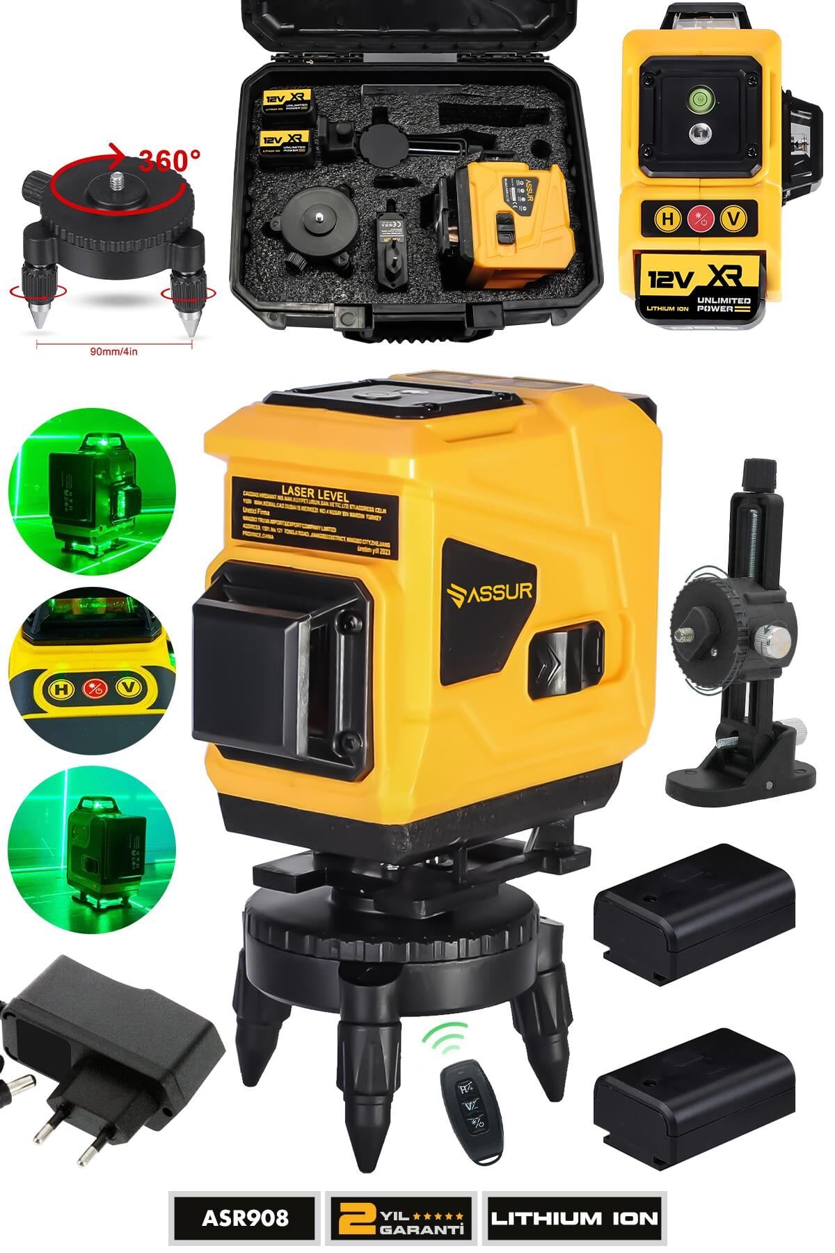 Assur Plus 360° 12 Köşe Otomatik Hizalamalı Yeşil Çizgili Su Terazili Lazer Metre Hizalama