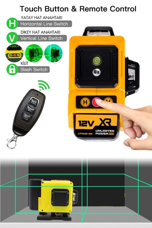 Assur Plus 360° 12 Köşe Otomatik Hizalamalı Yeşil Çizgili Su Terazili Lazer Metre Hizalama