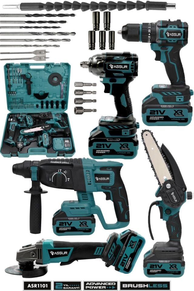 Assur Plus 21V Akülü 5'li Set Kırıcı Delici Hilti Taşlama Somun Sıkma Akülü Vidalama Budama Testeresi