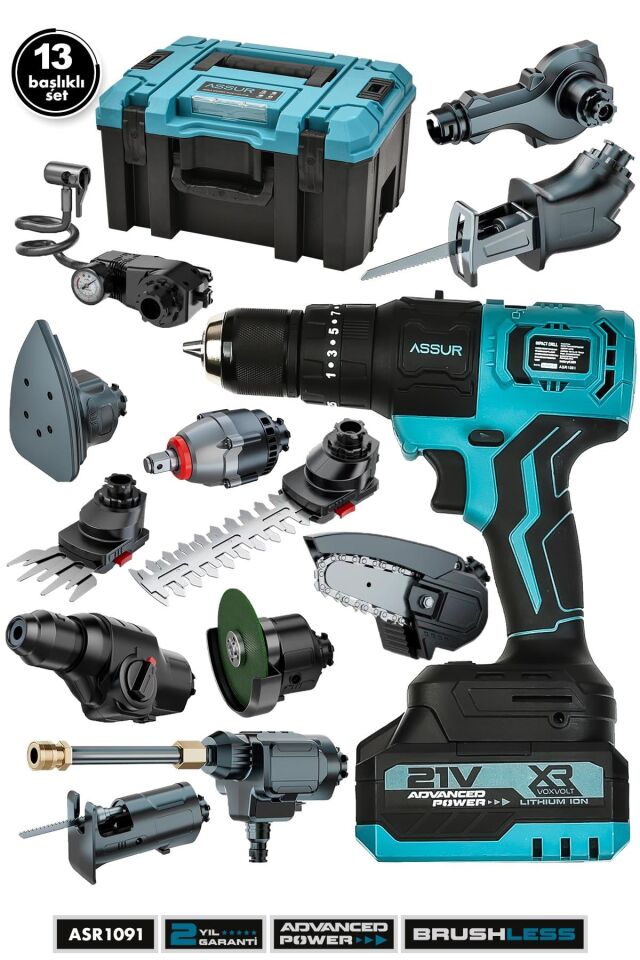 Assur Profesyonel 21V Çift Akülü Kömürsüz Şarjlı 13 Başlıklı Set