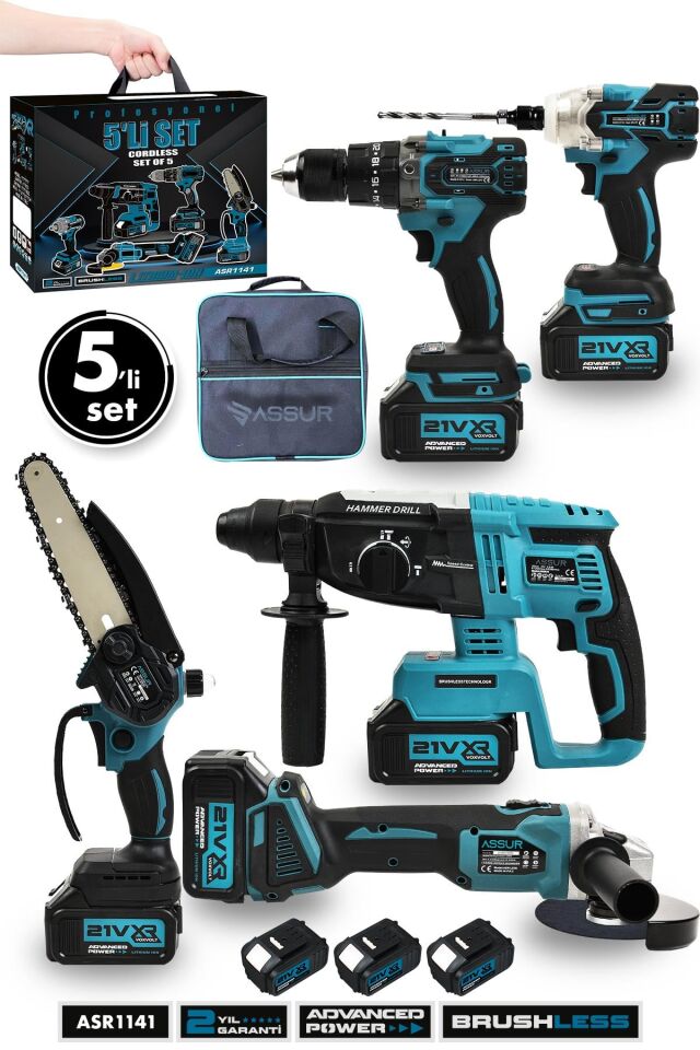 Assur Profesyonel 21V Bez Çantalı Kömürsüz Darbeli Şarjlı 5'li Set