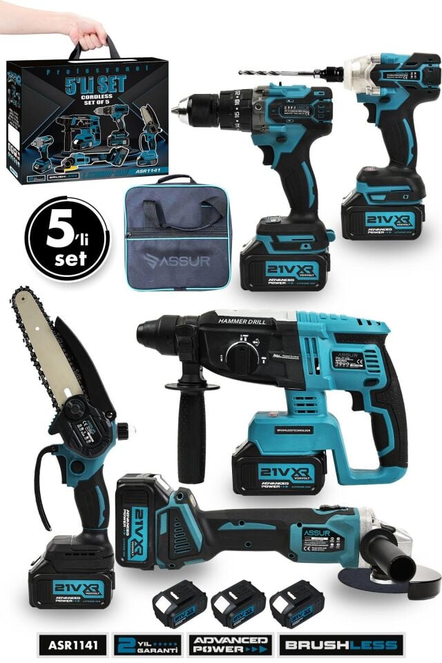 Assur Profesyonel 21V Bez Çantalı Kömürsüz Darbeli Şarjlı 5'li Set
