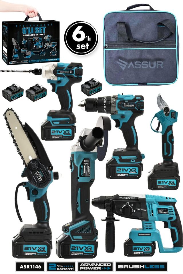 Assur Profesyonel 21V Bez Çantalı Kömürsüz Darbeli 6'lı Set