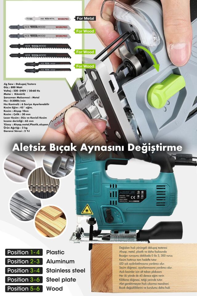 Assur 800 W Devir Ayarlı Dekupaj Testere Makinası