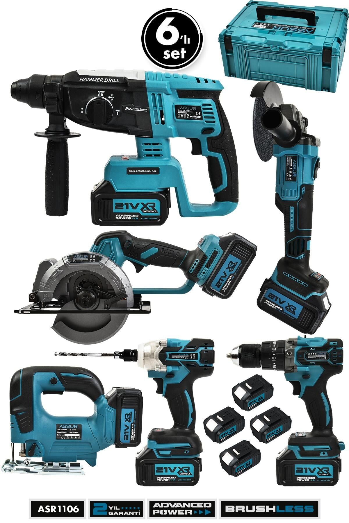 Assur 21V Akülü 6'lı Set Matkap Hilti Taşlama Somun Sıkma Dekupaj Testere Daire Testere