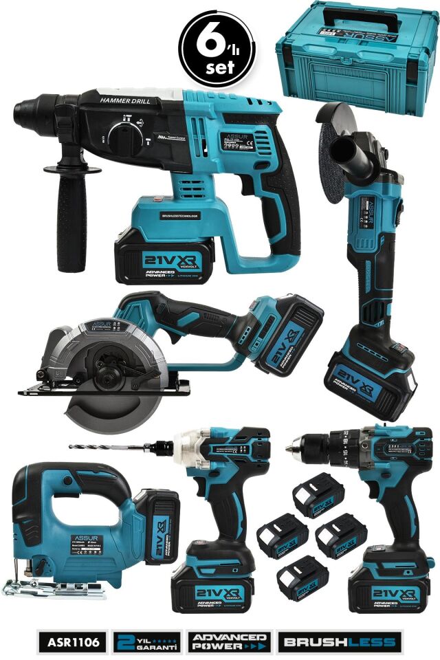 Assur 21V Akülü 6'lı Set Matkap Hilti Taşlama Somun Sıkma Dekupaj Testere Daire Testere