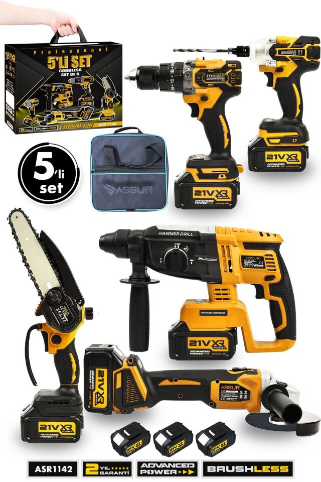 Assur Profesyonel 21V Akülü Bez Çantalı Kömürsüz Darbeli Şarjlı 5'li Set
