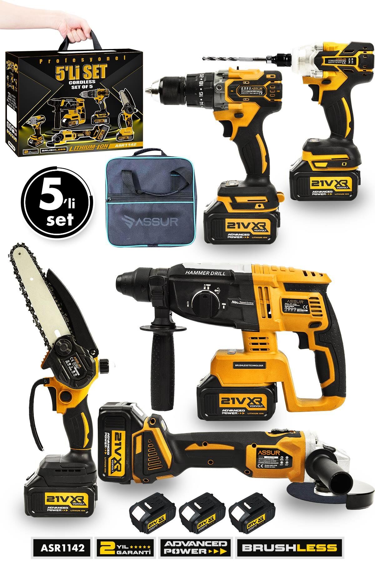 Assur Profesyonel 21V Akülü Bez Çantalı Kömürsüz Darbeli Şarjlı 5'li Set