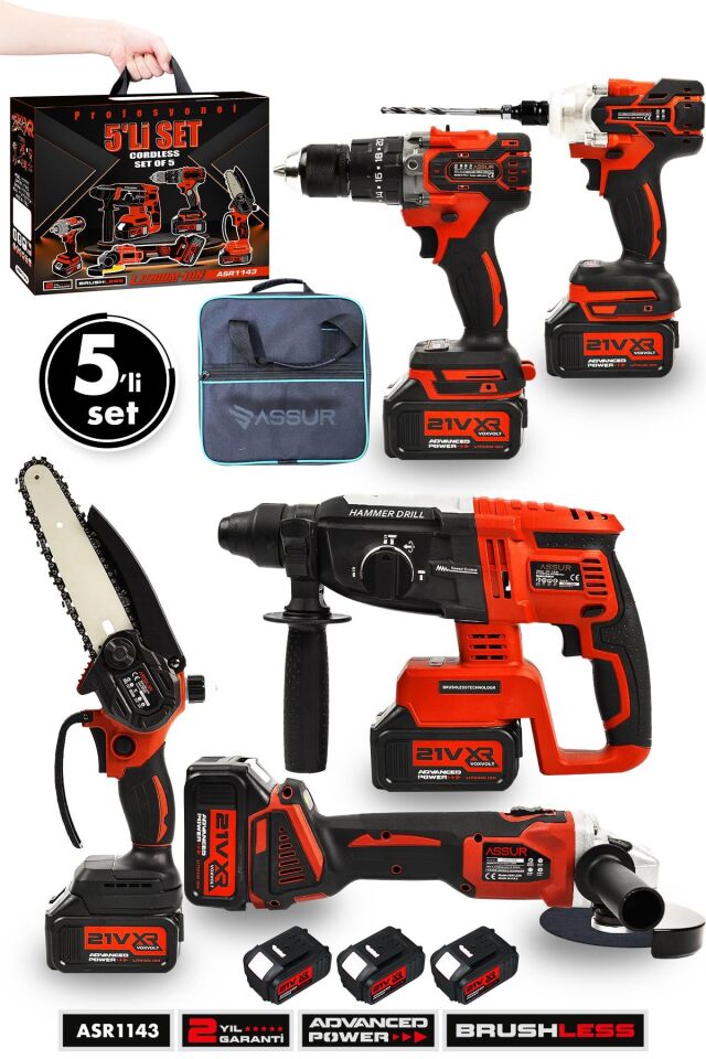 Assur Profesyonel 21V Akülü Bez Çantalı Kömürsüz Darbeli Şarjlı 5'li Set