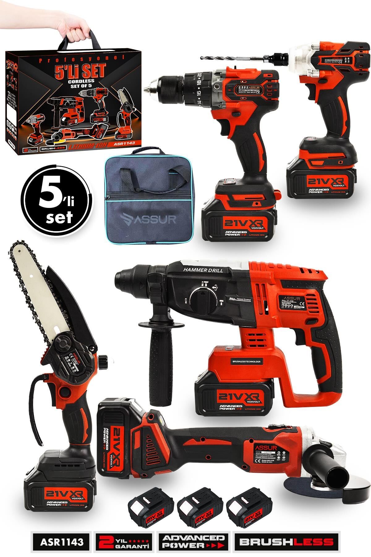 Assur Profesyonel 21V Akülü Bez Çantalı Kömürsüz Darbeli Şarjlı 5'li Set