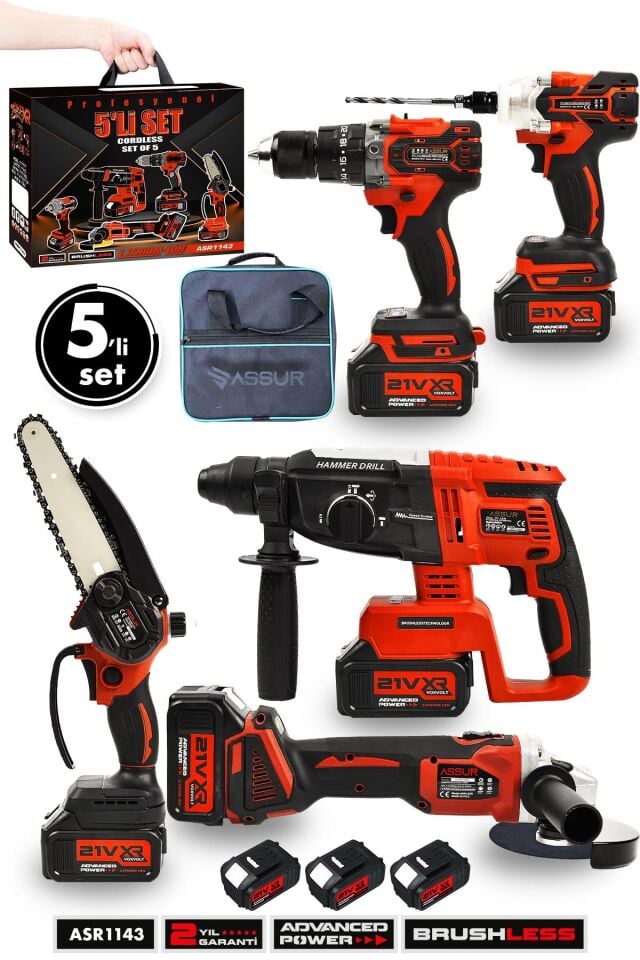 Assur Profesyonel 21V Akülü Bez Çantalı Kömürsüz Darbeli Şarjlı 5'li Set
