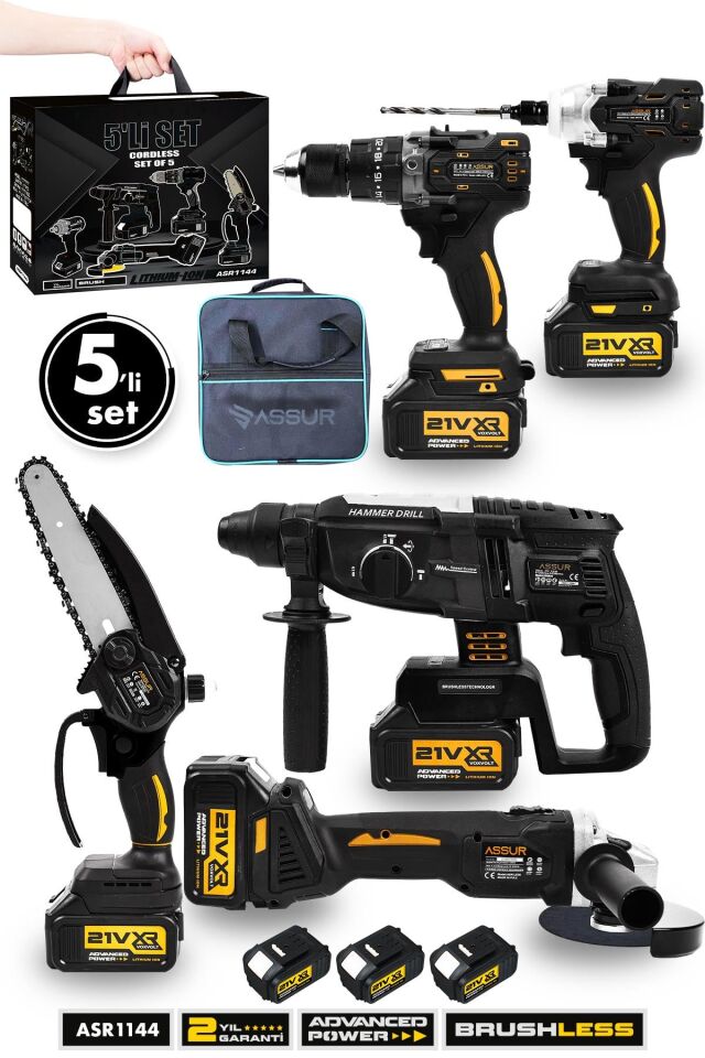 Assur Profesyonel 21V Akülü Bez Çantalı Kömürsüz Darbeli Şarjlı 5'li Set