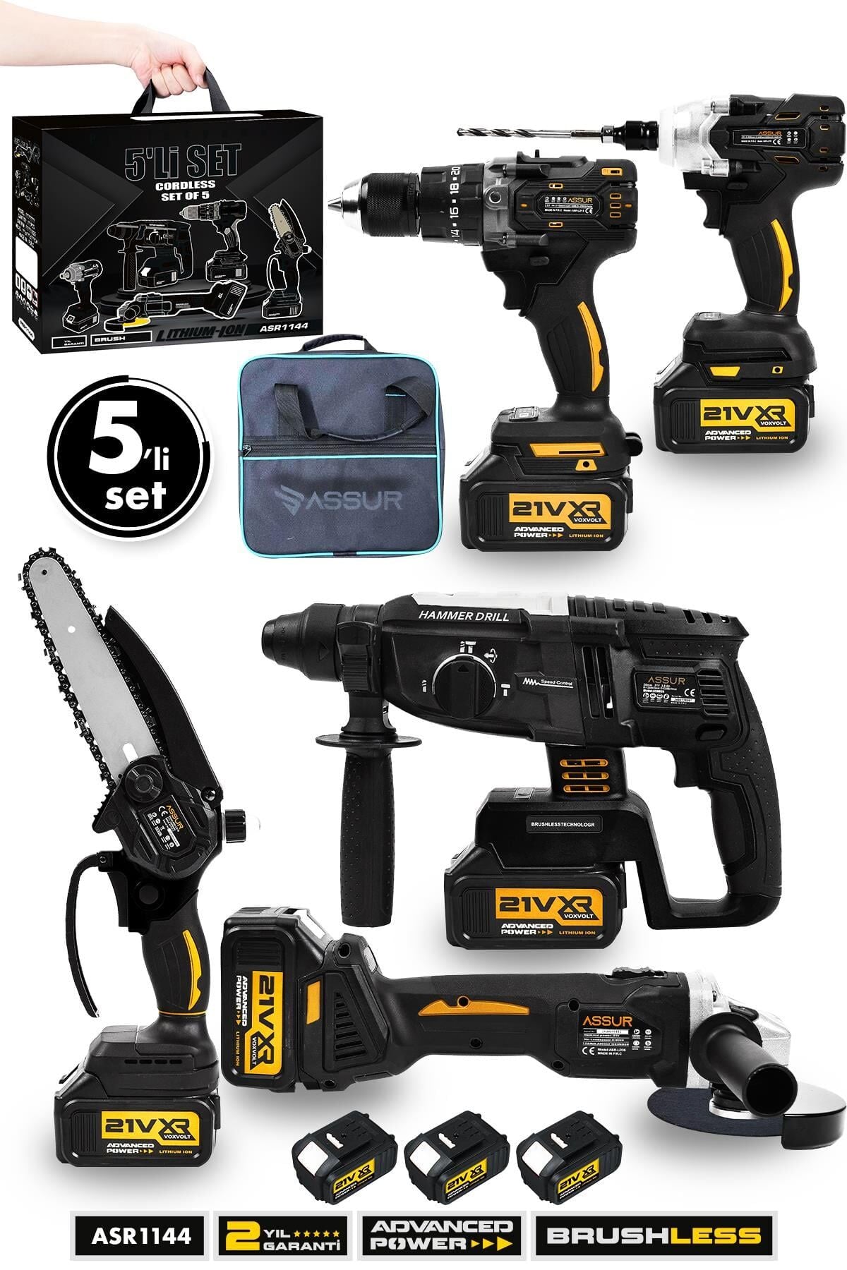 Assur Profesyonel 21V Akülü Bez Çantalı Kömürsüz Darbeli Şarjlı 5'li Set