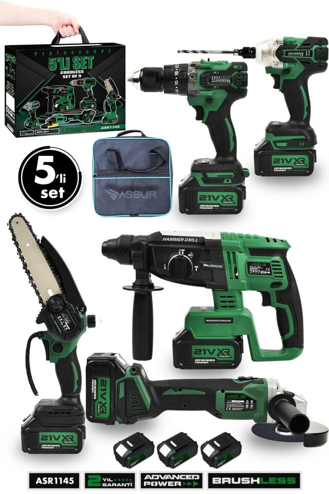 Assur Profesyonel 21V Akülü Bez Çantalı Kömürsüz Darbeli Şarjlı 5'li Set