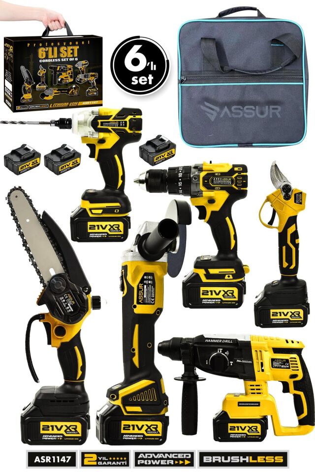 Assur Profesyonel 21V Akülü Bez Çantalı Kömürsüz Darbeli Şarjlı 6'lı Set