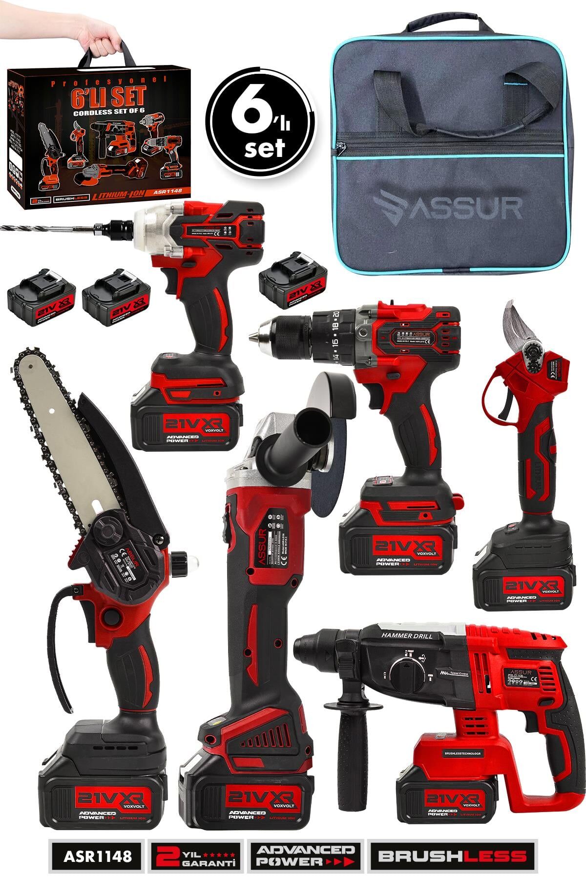 Assur Profesyonel 21V Akülü Bez Çantalı Kömürsüz Darbeli Şarjlı 6'lı Set