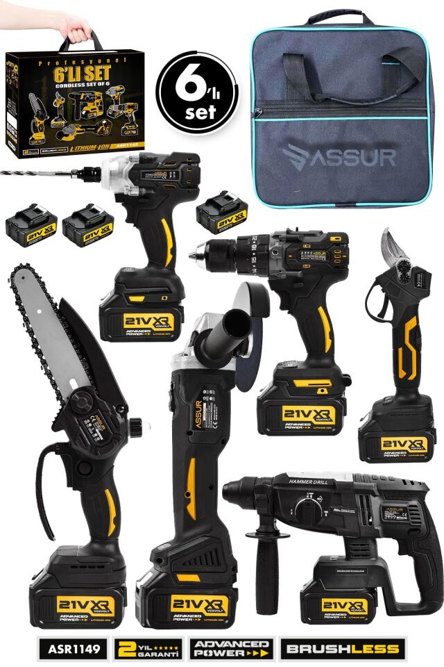 Assur Profesyonel 21V Akülü Bez Çantalı Kömürsüz Darbeli Şarjlı 6'lı Set