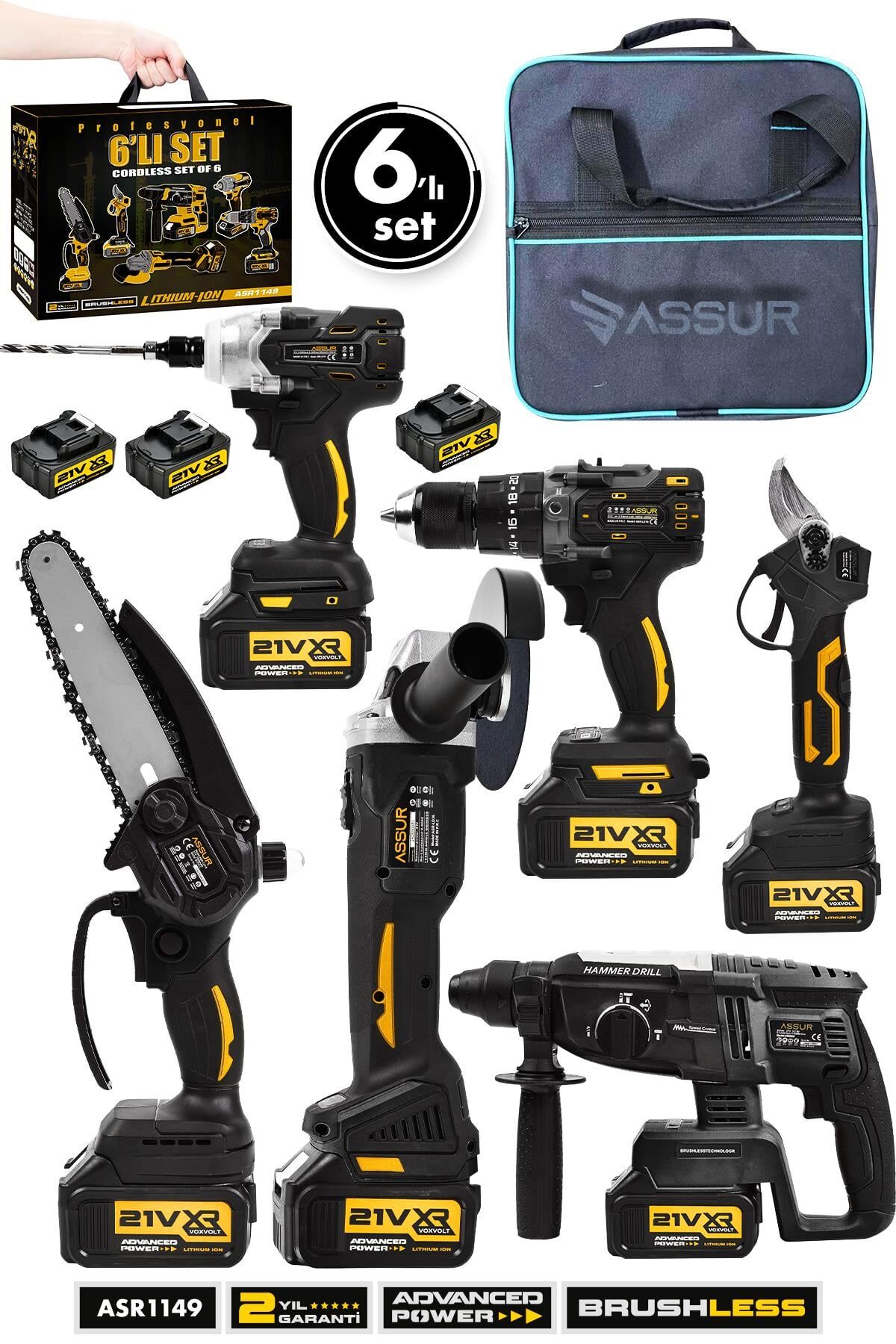 Assur Profesyonel 21V Akülü Bez Çantalı Kömürsüz Darbeli Şarjlı 6'lı Set