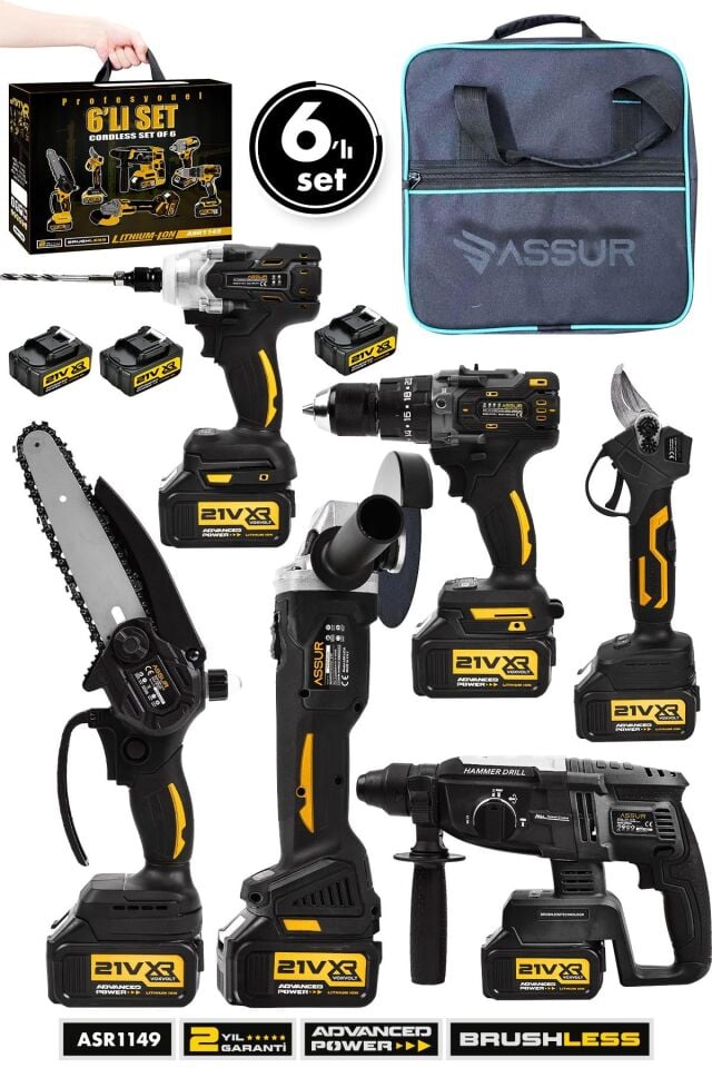 Assur Profesyonel 21V Akülü Bez Çantalı Kömürsüz Darbeli Şarjlı 6'lı Set