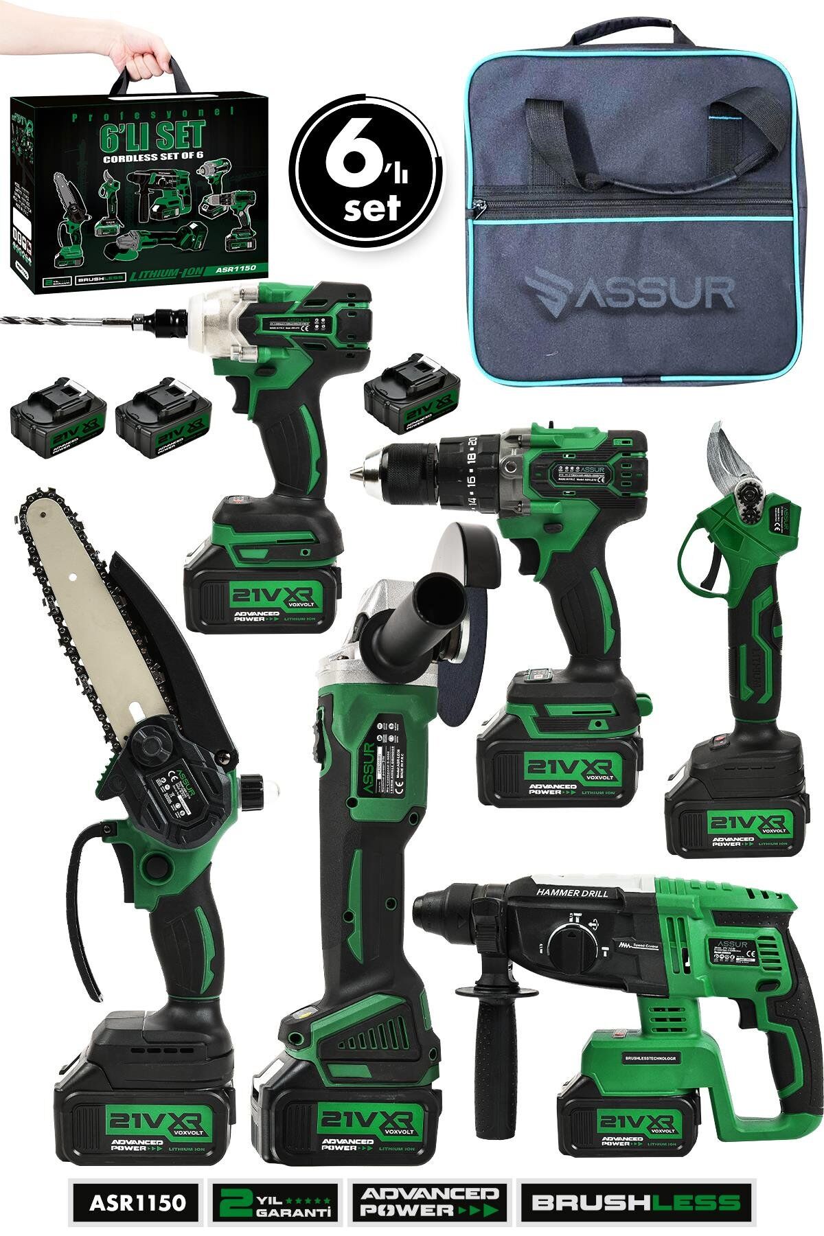 Assur Profesyonel 21V Bez Çantalı Kömürsüz Darbeli 6'lı Set